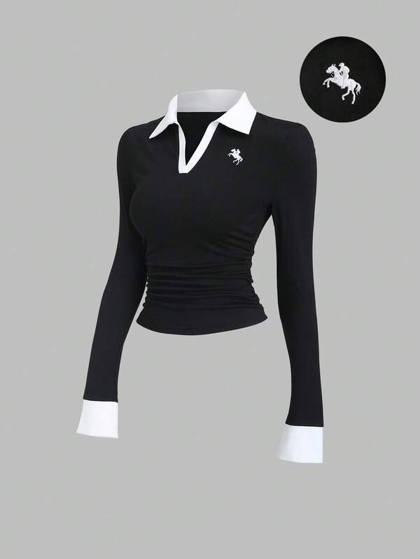 Sweetra Camisa polo casual de calle para mujer con bordado de caballo, detalle de puño de manga en color contrastante, manga larga