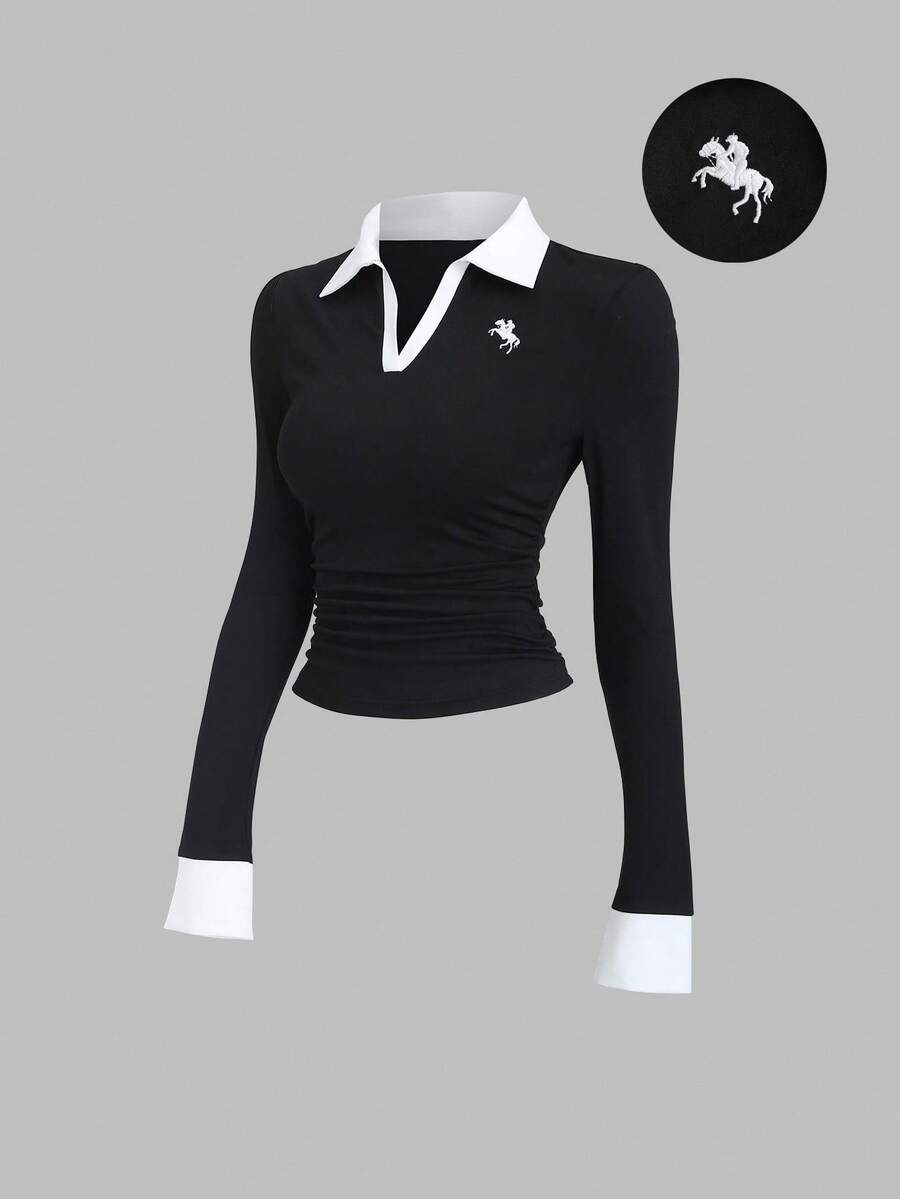 Sweetra 女式休闲街头马球衫，带马匹刺绣，撞色袖口细节，长袖 - 黑與白 - 查看 1