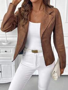 SHEIN Clasi 大码复古通勤收腰夹克棕色西装外套女式棕色夹克女式咖啡棕色上衣女式皮衣棕色两件套女式办公服、女式秋季服装、女式优雅服装2025秋冬新品万圣节圣诞节老钱风格复古女式保暖舒适弹力夹克女式休闲西装外套女式短款西装外套女式秋冬女式秋季服装女式万圣节服装圣诞节女式新年感恩节女式服装 - 咖啡棕 - 查看 2