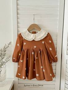 Cozy Pixies Baby Girl Ditsy Floral Contrast Color Peter Pan Collar Long Sleeve Waist Dress Fall Winter - Multicolor - View 3