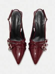 CUCCOO CURVES 大码女士时尚经典舒适宽版尖头高跟鞋，酒红色