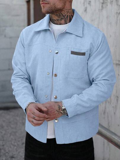 Manfinity Homme Men's Casual Versatile Simple Long Sleeve Jacket, Autumn Sky Baby Blue Corduroy Jacket