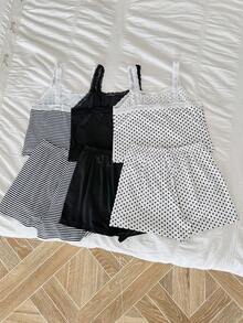 SHEIN 3件套：休闲修身仿门襟蕾丝拼布多色印花吊带短裤女童睡衣 - 彩色 - 查看 2