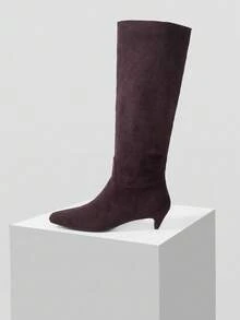 MOTF 女士时尚尖头高跟过膝靴，秋冬 - 酒紅色 - 查看 2