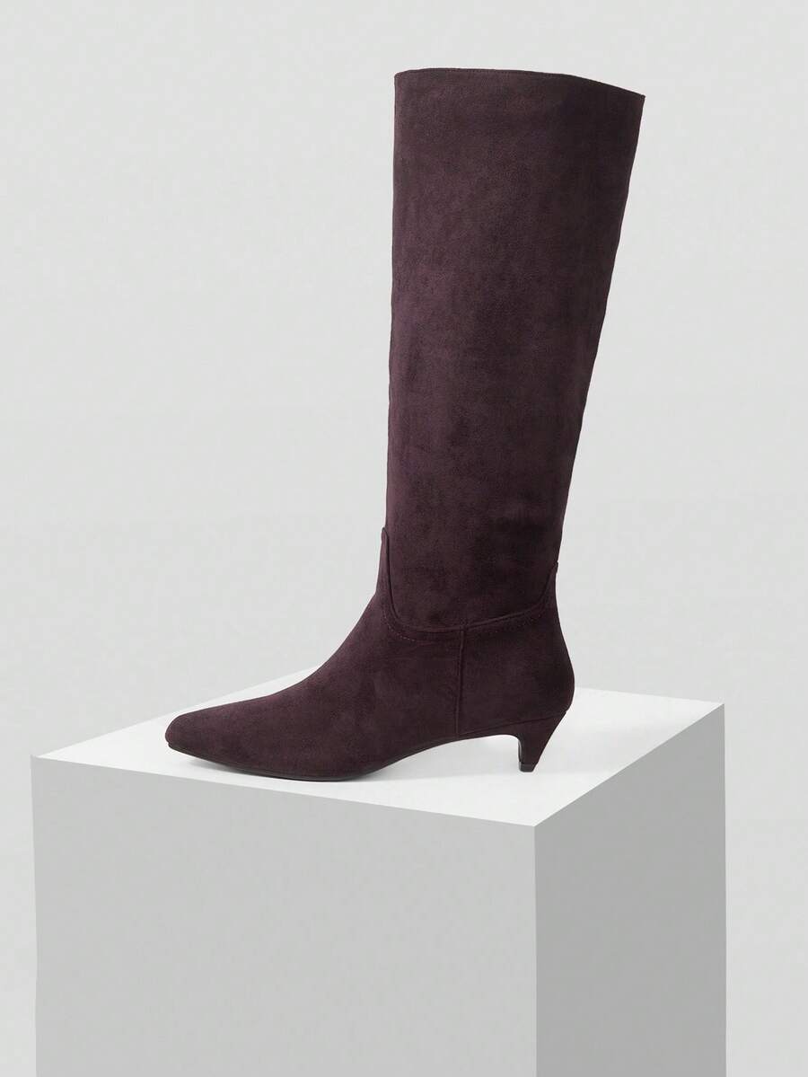 MOTF 女士时尚尖头高跟过膝靴，秋冬 - 酒紅色 - 查看 2