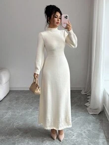 Elenzga 女士纯色高领独特设计合身腰部优雅休闲长袖超长针织毛衣裙，适合秋冬季 - 杏色 - 查看 6