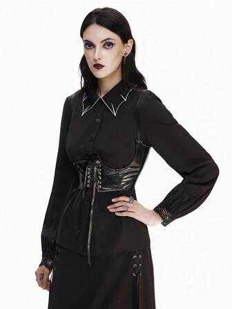 Breakform Goth Gothic Halloween Spider Pattern Women's Gothic Solid Color Bat Collar Embroidered Blouse, Lace Patchwork Turndown Collar Button Front Extra Long Sleeve Shirt, Suitable For Holidays And Daily Wear