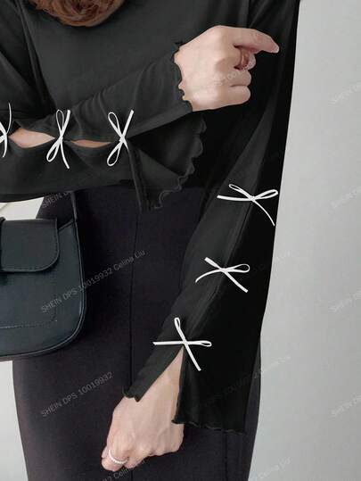 FRIFUL Blusa feminina de manga comprida com gola e punhos em cor sólida damasco, decoração com laço, casual e versátil