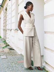 Maija Women's Fashionable & Elegant Sleeveless Suit Set With Belt In Fall/Winter - Apricot - View 1