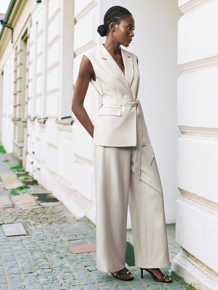 Maija Women's Fashionable & Elegant Sleeveless Suit Set With Belt In Fall/Winter - Apricot - View 1