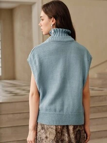 Savoree Classic Solid Color Rhinestone Embellished Turtleneck Knit Sweater Vest, Suitable For Fall, Autumn, Winter, Elegant, Chic, New Year, Casual, Christmas, Luxury