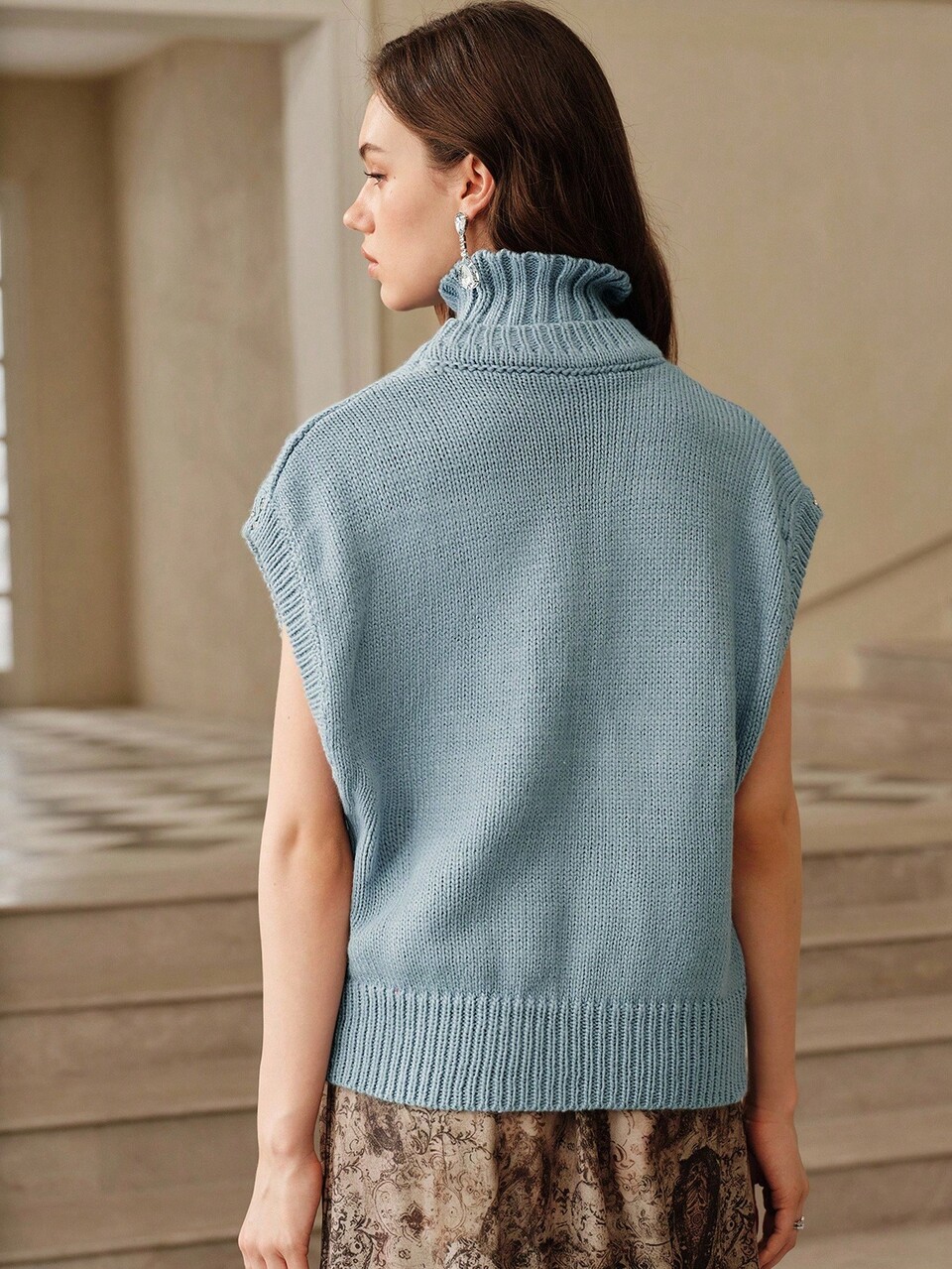 Classic Dusty Blue Rhinestone Embellished Turtleneck Knit Sweater Vest,Autumn,Elegent,Daytime,Solid Color Chic Winter New Year Casual Christmas Luxury