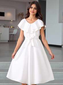 青少年女孩荷葉邊多層邊繫腰帶連衣裙