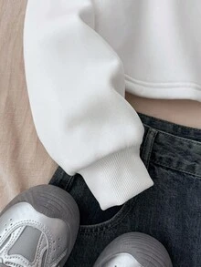 SHEIN 少女秋冬度假休闲花卉、海星和贝壳印花短款运动衫 - 白色 - 查看 4