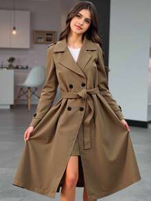 SHEIN Teen Girl Elegant Commuter Casual Khaki Collared Mid-Length Trench Coat