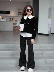 SHEIN Tween Girl Pearls Beaded Contrast Collar 2 In 1 Sweatshirt - Black - View 4