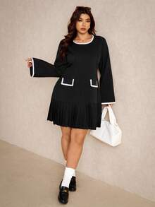 Elaquor Robe décontractée à manches longues, col rond et volants pour femmes grandes tailles - Noir - Voir 6