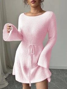 Elenzga Váy len tay loe dáng chữ A cổ tròn chất liệu lông cừu mềm mại, thắt eo cho nữ - Hồng - Xem 7