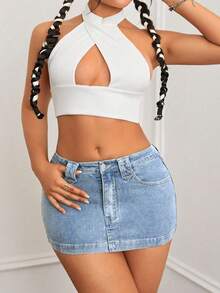 SHEIN ICON 大码女式 Y2K 时尚休闲百搭弹力迷你裙 - 淺色水洗藍 - 查看 3