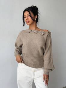 Elenzga Women's Elegant Floral Rhinestone Decor Asymmetric Shoulder Solid Color Sweater - Khaki - View 4