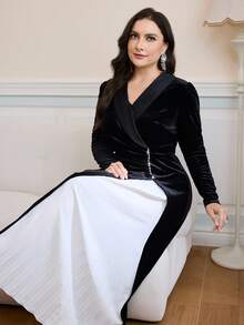 Modelyn 大码女式长袖撞色褶边优雅连衣裙 - 黑與白 - 查看 7