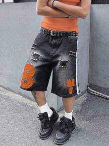 Manfinity EMRG Quần short denim thời trang in họa tiết sọc hai bên và chữ số rách cho nam - màu đen - Xem 5