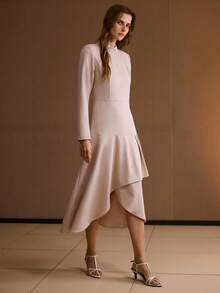 MOTF PREMIUM FAUX PEARL TRIM ASYMMETRICAL HEM DRESS WITHOUT BELT - Apricot - View 4