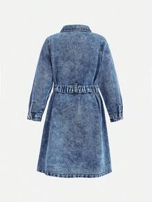 SHEIN Young Girl' Blue Denim Shirt Dress,Fall Clothes,Autumn Clothes ,Casual And Fashionable Vacation Outfits,Long-Sleeved Denim Dress,Elegant Cinched-Waist Dress Winter - Dark Wash - View 2