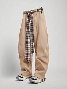 ROMWE MEN Prep Men's Loose Minimalist Plaid Ribbon Barrel Leg Pants, For Fall - Multicolor - View 1