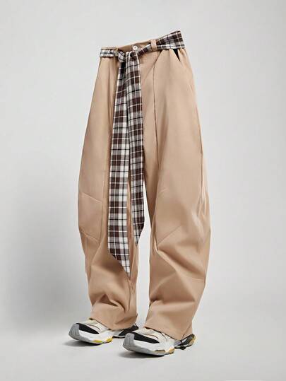 Prep Men's Loose Minimalist Plaid Ribbon Flared Leg Pants, For Fall