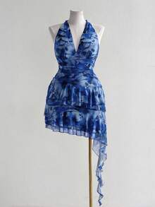 Sunspun 大码女式全印花无袖连衣裙，不对称荷叶边下摆，度假风格 - 藏蓝色 - 查看 1