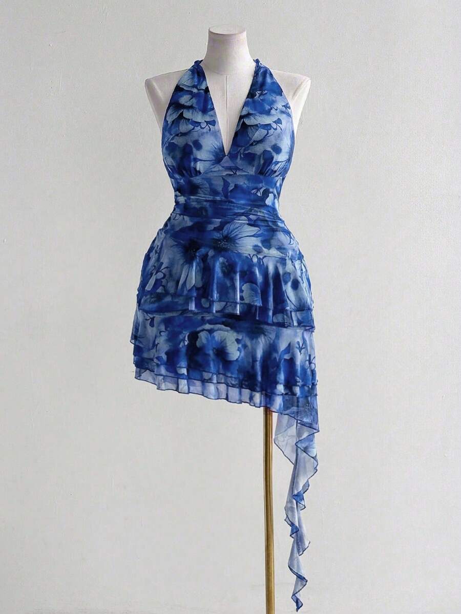 Sunspun 大码女式全印花无袖连衣裙，不对称荷叶边下摆，度假风格 - 藏蓝色 - 查看 1