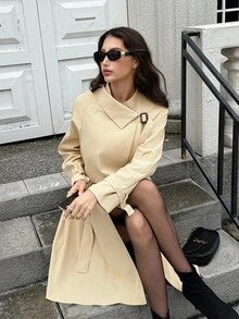 Firerie Women's Casual Commute Daily Fashion New Modern Urban Asymmetric Cinched Waist Waist A-Line Long Sleeve Khaki Mid-Length Trench Coat Fall Winter Clothes For Women Women's Winter Coat Women's Winter Jacket Fall Outfits For Women