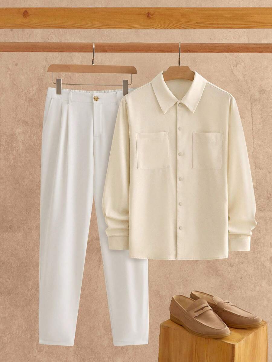 Manfinity VCAY Set de 2 piezas Camisa casual con bolsillo en el pecho y pantalón largo para hombre, ropa de otoño, conjunto cómodo - Multicolor - Ver 1