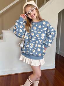 SHEIN Leap Crew 小碎花少女休闲宽松圆领舒适长袖运动衫 - 彩色 - 查看 4