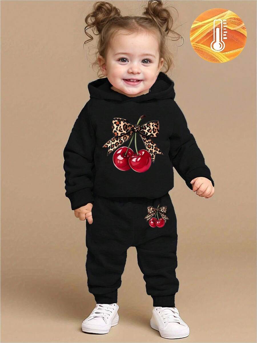 SHEIN 2pcs Baby Girl Outfit, Fashionable & Cute Leopard Bow & Cherry Print Hooded Fleece Sweatshirt And Cherry Print Fleece Pants Set, Suitable For Outings In Autumn/Winter Fall - Black - View 1