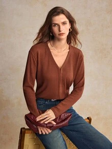 House of One Blusa de mujer de punto acanalado de cuello en V de manga larga, uso casual de otoño