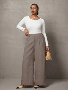 SHEIN Tall CURVE 大码女式休闲高腰阔腿裤，时尚通勤 - 黑與白 - 查看 4