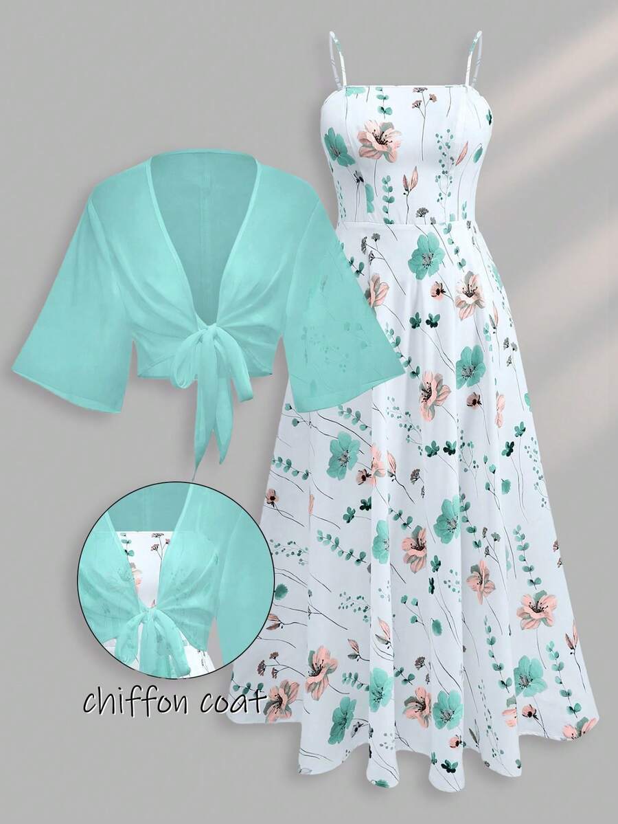 Franclia Plus Size Women's Fashion Floral Chiffon Dress With Elegant Lightweight Summer Jacket 2pcs Set - Mint Blue - View 1
