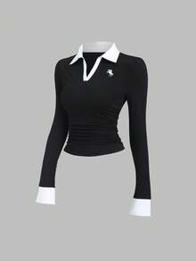 Sweetra 女式休闲街头马球衫，带马匹刺绣，撞色袖口细节，长袖 - 黑與白 - 查看 3