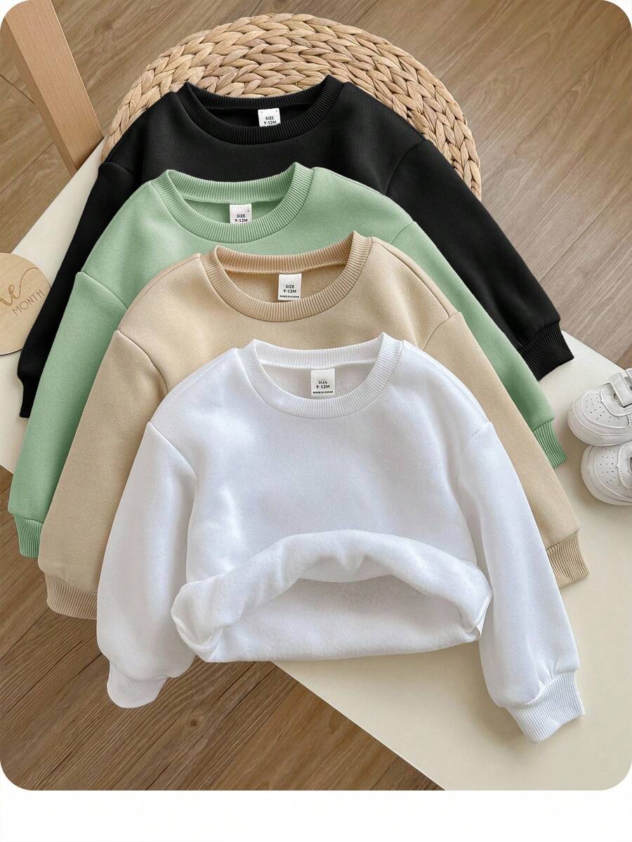 SHEIN Bộ 4 áo nỉ dài tay giữ ấm màu trơn dễ thương cho bé gái, thích hợp cho mùa thu/đông. - Nhiều màu - Xem 1