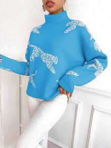 EMERY ROSE Women Animal Print Turtleneck Long Sleeve Knit Sweater