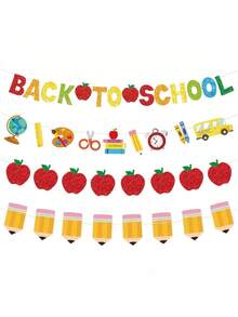 Decoración de corona de bienvenida al regreso a la escuela con pancarta colgante brillante y colorida con detalles de lápiz, manzana y pompones para fiesta escolar el primer día de regreso a clases - Multicolor - Ver 1