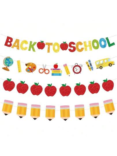 Decoración de corona de bienvenida al regreso a la escuela con pancarta colgante brillante y colorida con detalles de lápiz, manzana y pompones para fiesta escolar el primer día de regreso a clases