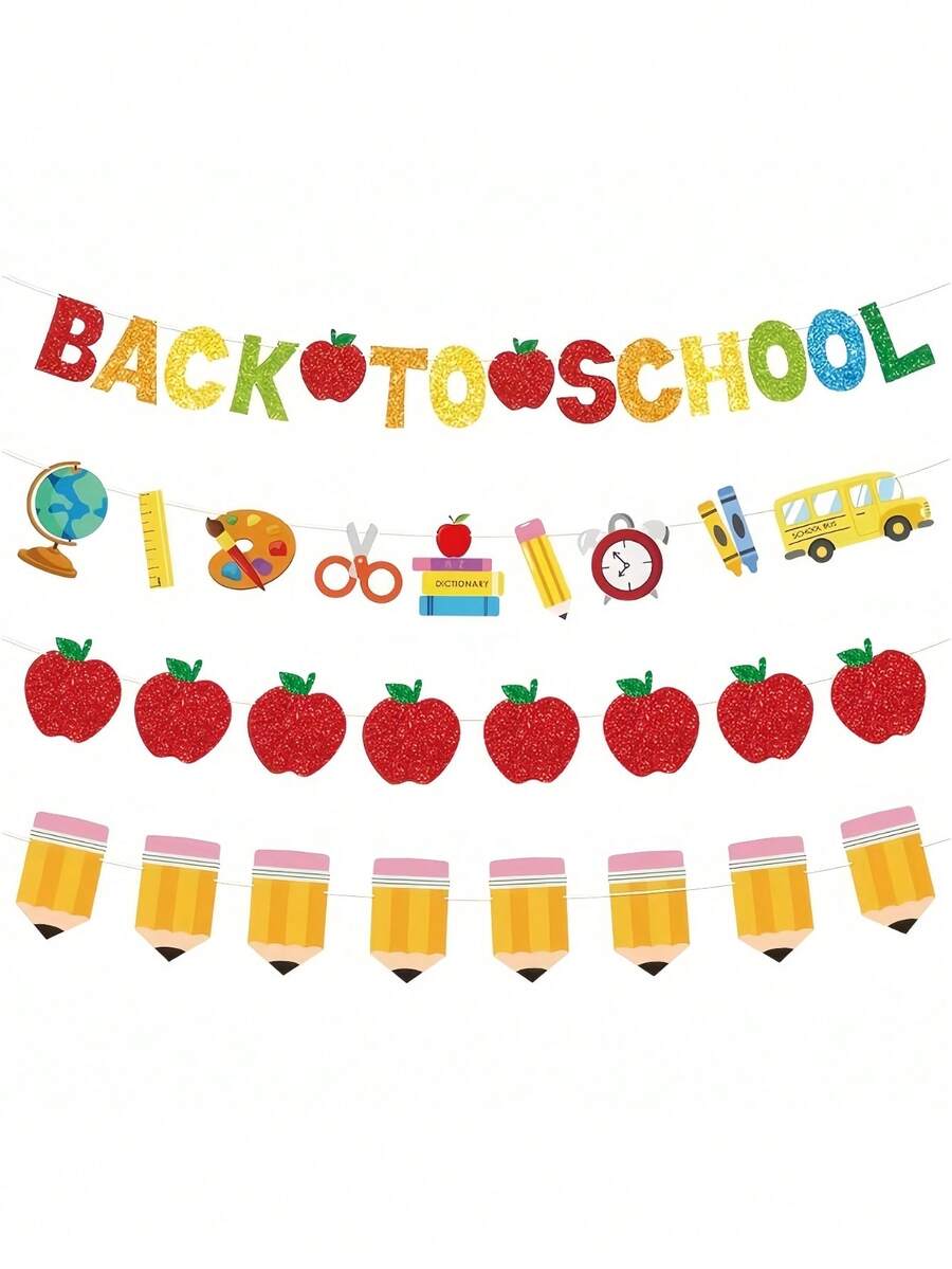 Decoración de corona de bienvenida al regreso a la escuela con pancarta colgante brillante y colorida con detalles de lápiz, manzana y pompones para fiesta escolar el primer día de regreso a clases - Multicolor - Ver 1