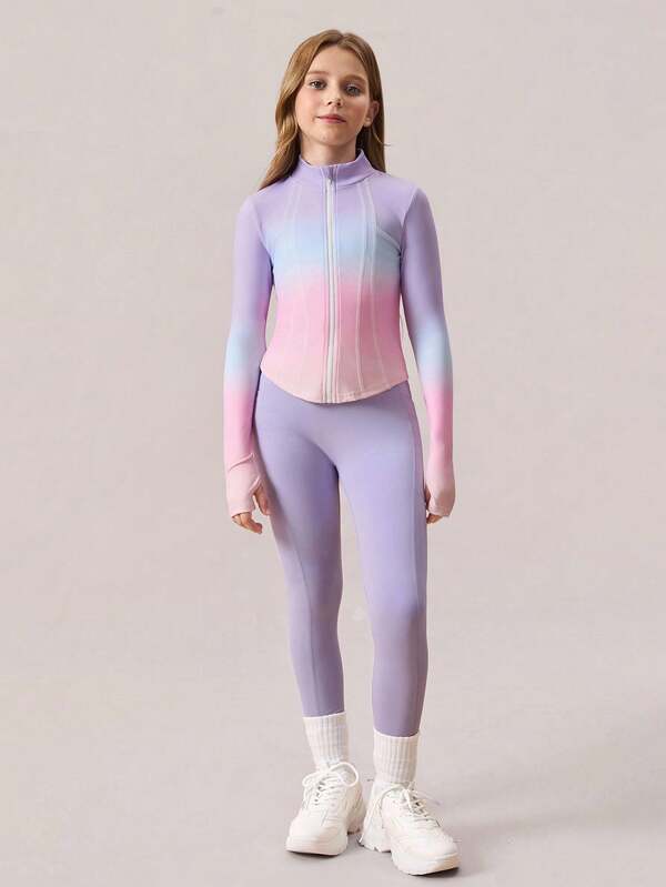 SHEIN Conjunto de 2 peças para Meninas Pré-Adolescentes, Jaqueta de Manga Longa com Bloco de Cores Degradê e Calça de Ioga Ajustada, Conjunto de Roupas Esportivas com Elasticidade 4 Vias para Pilates, Fitness e Esportes ao Ar Livre