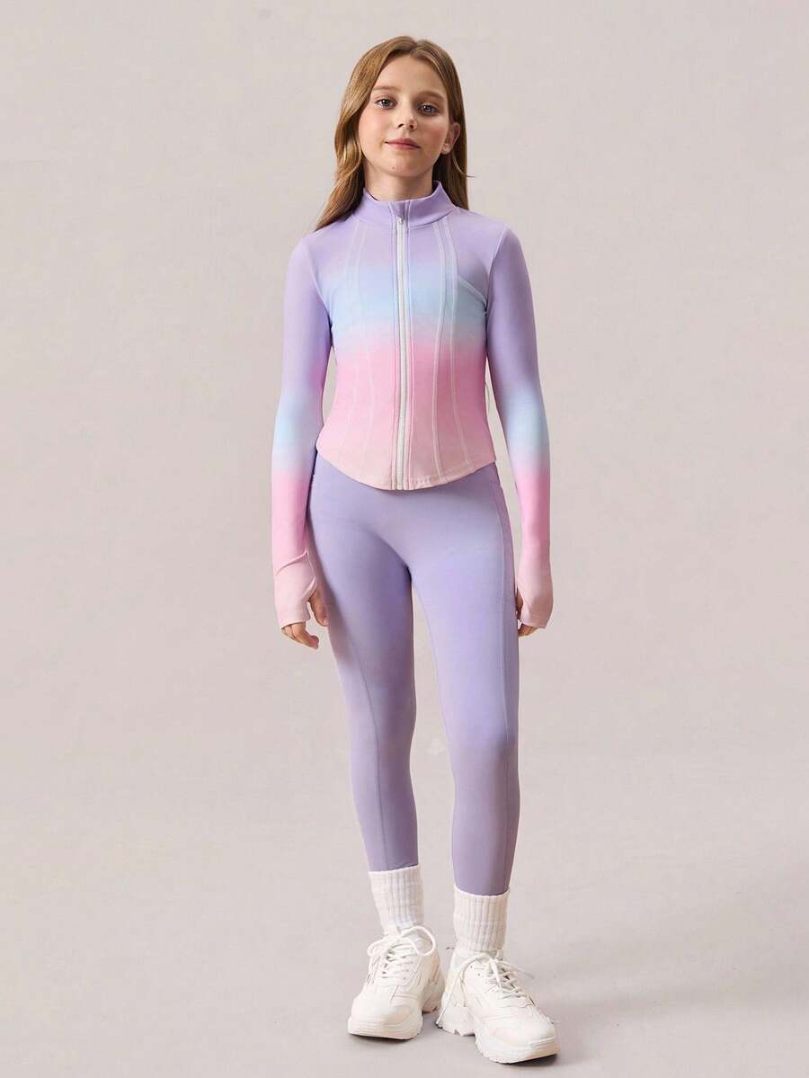SHEIN Conjunto de 2 piezas para niñas preadolescentes: chaqueta de manga larga con bloque de color degradado y pantalones de yoga ajustados, conjunto de ropa deportiva con estiramiento en 4 direcciones para pilates, fitness y deportes al aire libre - Multicolor - Ver 1