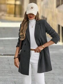 Solivie 女式纯色翻领双排扣休闲大衣 - 深灰色 - 查看 8