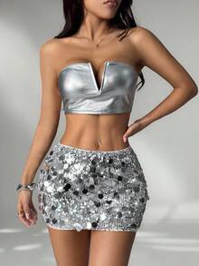 SHEIN PETITE Women's Silver Shiny Sequin Mini Skirt, Suitable For Party & Gathering, High Quality Version For Petite , Bling , Sequin,Skirt,Wedding Guest For Women,Going Out, Halloween Costumes,Christmas Women,Autumn For Women.Going Out,Sexy Sparkle Skirt,Elegant,Civil Wedding,Wedding Guest , Party,Vacation, Sexy - Silver - View 6