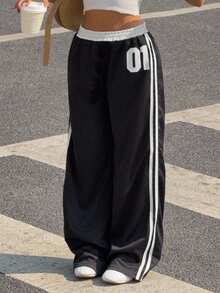 SHEIN 返校季少女撞色松紧腰抽绳数字印花宽松直筒休闲裤，百搭又时尚